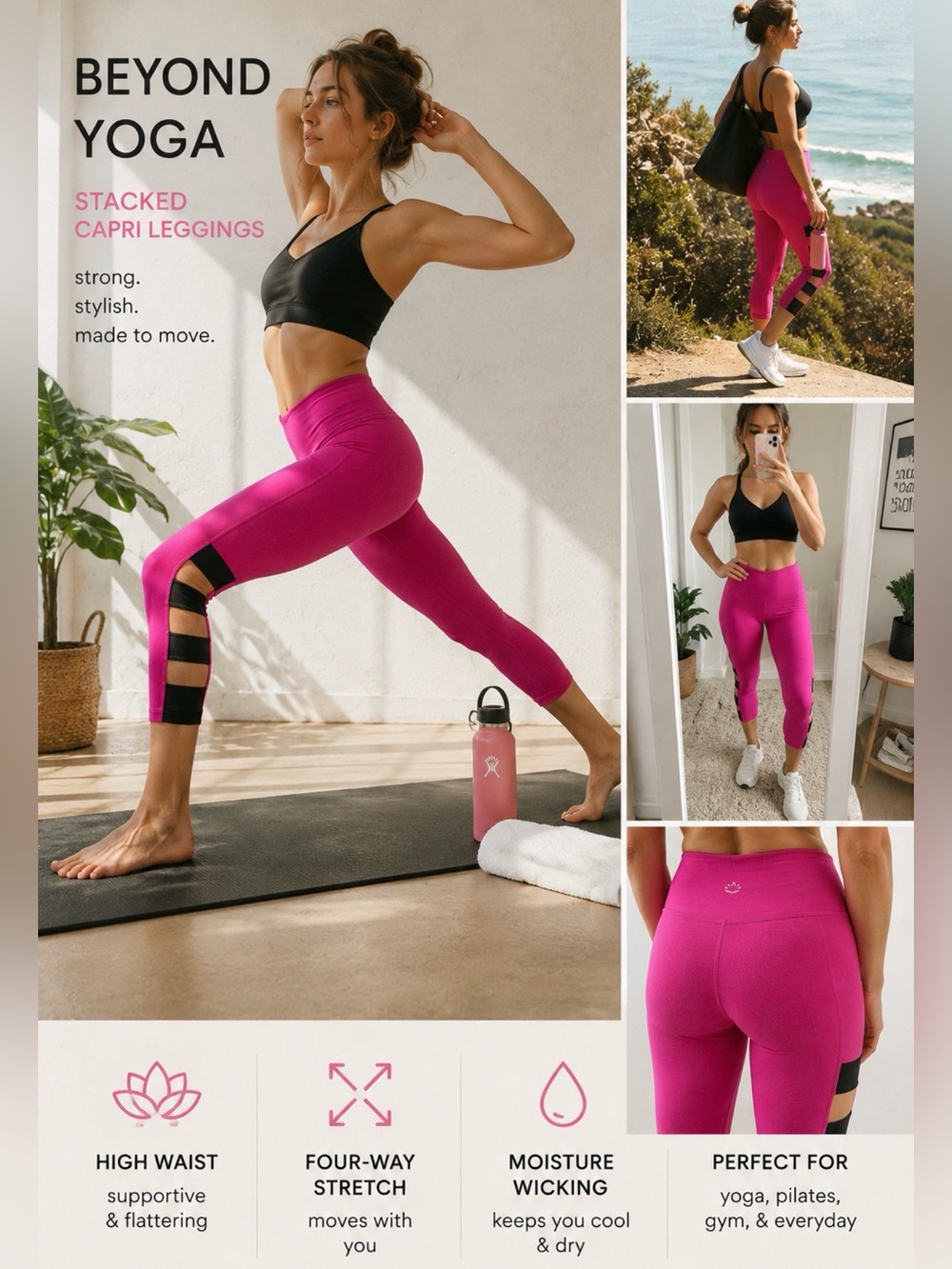Beyond Yoga Stacked Capri Leggings Pink Cutout Side High Waist Yoga Pants Sz S
